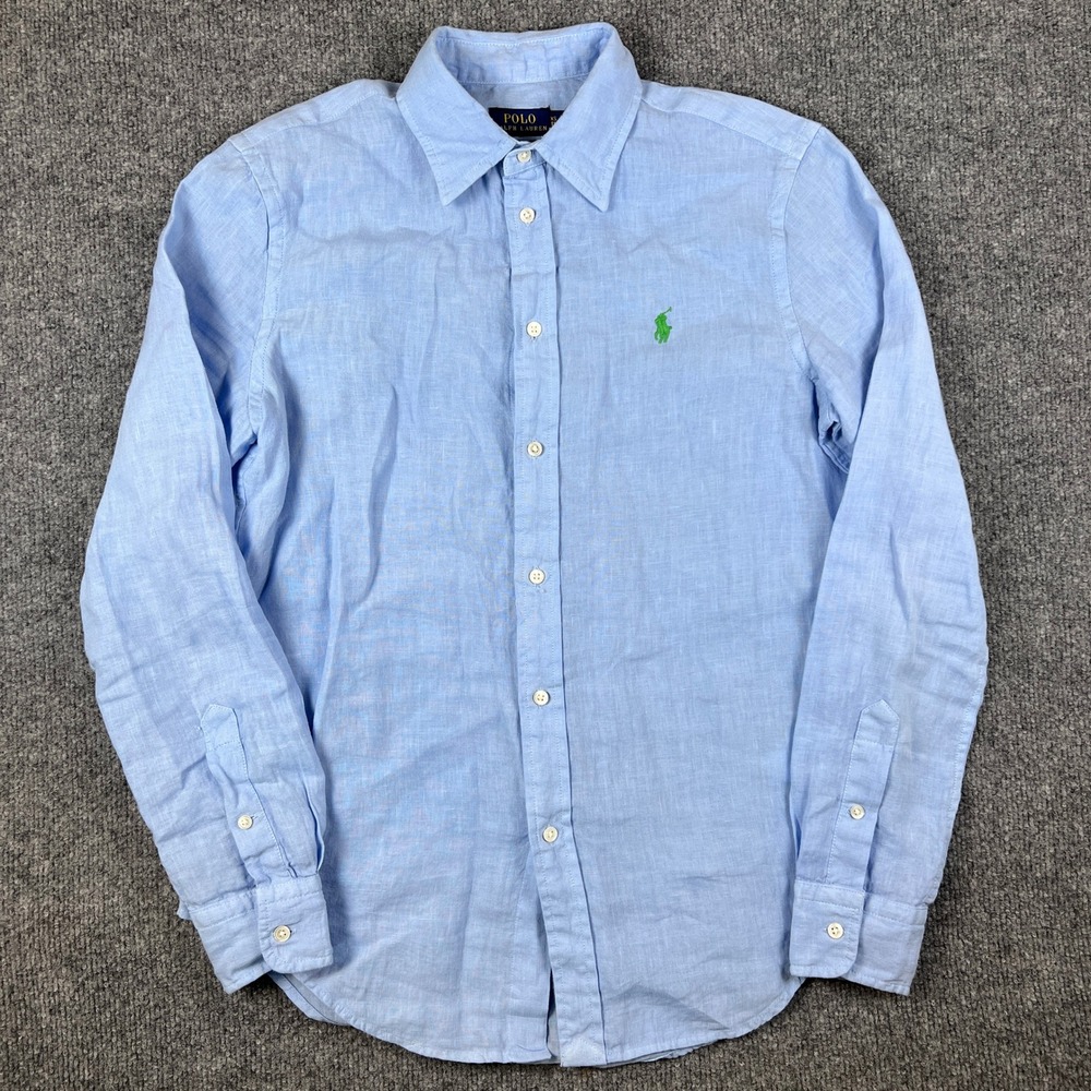 Polo Ralph Lauren Shirt Mens XS Blue 100% Linen Long Sleeve Button Up Pony